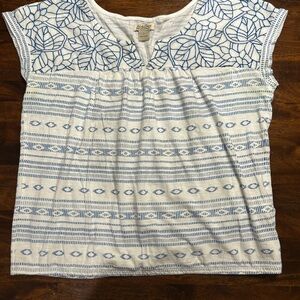 Lucky Brand Womens Blue and White Embroidered Cotton Top